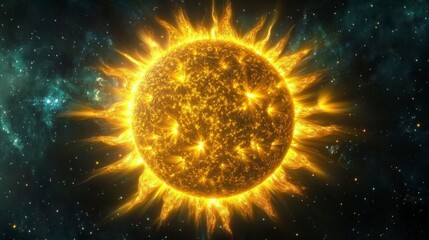 Obraz premium Cosmic imagery of the sun in space, radiating golden light against a dark background. Elements of fiery solar flares create a mesmerizing celestial scene.