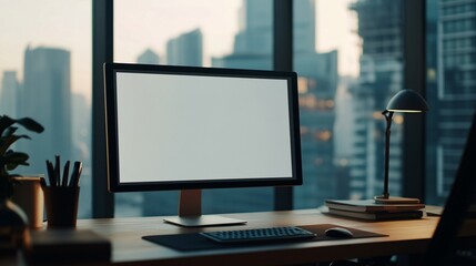 Fototapeta premium Modern Desktop Computer Workspace City View