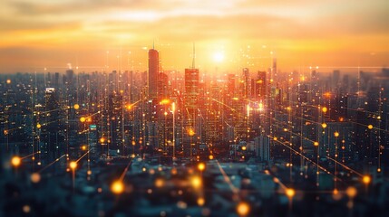 Fototapeta premium Futuristic Cityscape at Dusk with Glowing Lights and Sunsets