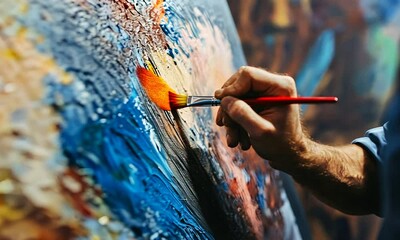A close-up of a person's hand painting on a textured canvas, showcasing vibrant colors and brush strokes, highlighting the creative process in art.
