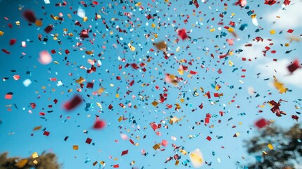 Dynamic and sparkling confetti falling gracefully over a radiant blue backdrop capturing the spirit of festive occasions and joyful holiday moments