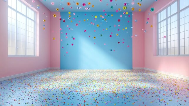 Dynamic and sparkling confetti falling gracefully over a radiant blue backdrop capturing the spirit of festive occasions and joyful holiday moments
