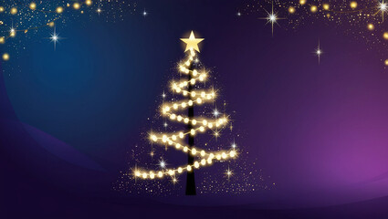 A magical Christmas tree glowing with golden lights on a starry purple background. Perfect for holiday themes and winter celebrations