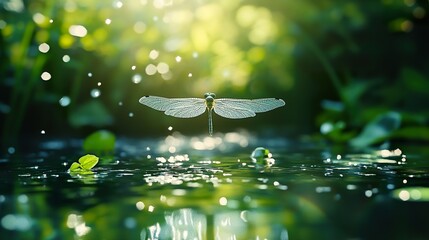 A delicate dragonfly perched on water, sunlight reflecting, surrounded by lush greenery.