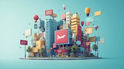 Vibrant and Creative Cityscape with Colorful Buildings and Objects