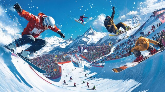 Snowboarders compete in a thrilling halfpipe competition before a large crowd in the snowy mountains.