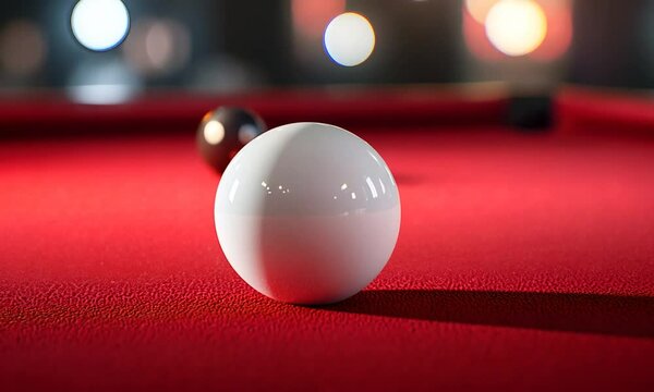 A close-up of a white billiard ball resting on a red felt surface, highlighting its smooth texture and reflecting light, suggesting a game of pool or billiards in progress.