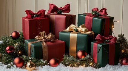 Obraz premium A bunch of presents are stacked on top of each other. Generative AI