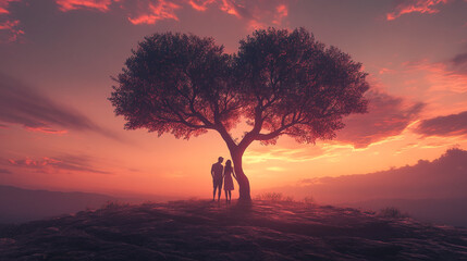 Romantic sunset silhouette of a couple under a tree on Valentine's Day