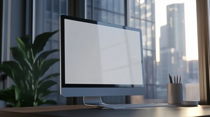 Modern Desktop Computer Setup Near Cityscape Window