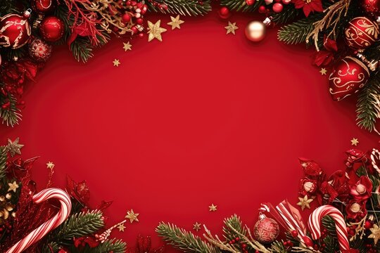 A vibrant red Christmas background with a decorative frame of candy canes, stars, and pine branches, creating an elegant border around an empty copy space, perfect for holiday greetings, invitations