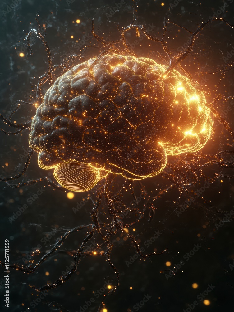 Poster Abstract representation of a human brain formed by luminous neural networks and synapses, with ample copy space for text integration. Generative AI