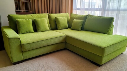 Fototapeta premium Modern lime green sectional sofa in living room.
