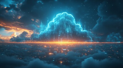 Ethereal Digital Cloudscape with Glowing Lights and Dynamic Atmosphere