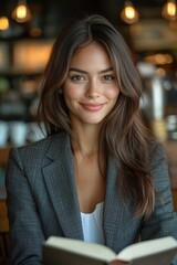 A woman with long brown hair is sitting at a table with a book in front of her. Generative AI