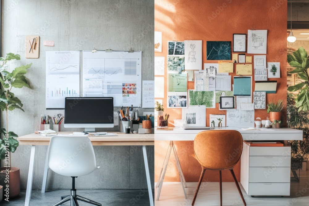 Poster One side features a minimalist workspace with a computer; the other boasts a vibrant, inspiring artistic environment. Generative AI