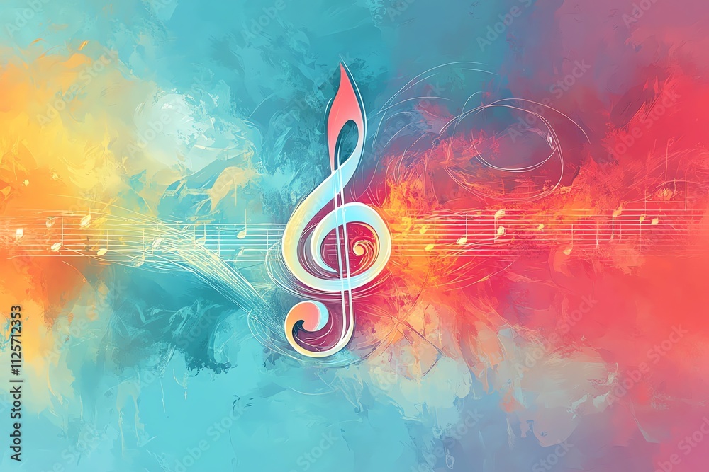 Poster A vibrant musical design featuring a treble clef amidst colorful swirls and notes.