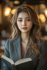 A woman with long brown hair is sitting with a book in her lap. Generative AI