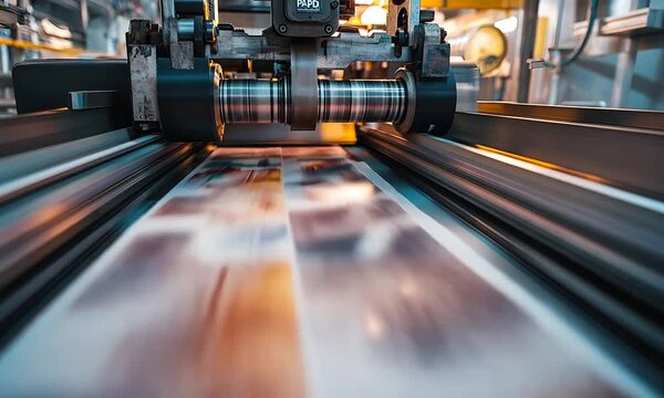 A close-up view of a printing press in motion, showcasing vibrant colors and patterns as printed material is produced, emphasizing the industrial process of printing.