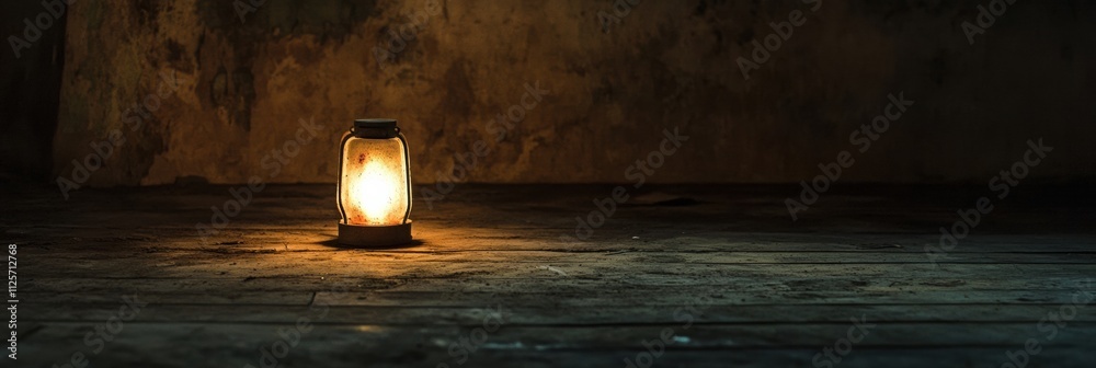 Leinwandbilder A solitary light source casts a warm glow in an empty dark room, creating an atmosphere of abandonment and providing space for text. Generative AI
