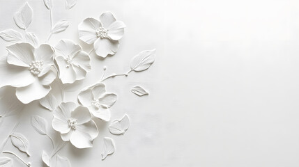 clean white background features faint floral embossing with delicate white flowers and leaves, creating elegant and serene atmosphere