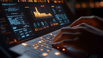 close up of analyst hands typing on keyboard, surrounded by data visualizations and graphs, showcasing high tech environment