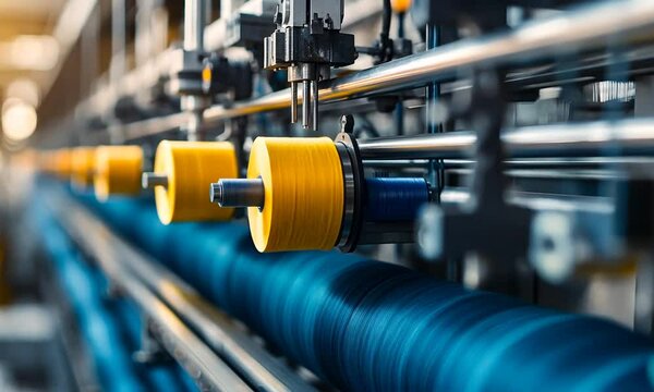 A close-up view of a textile manufacturing machine featuring spools of colorful thread, highlighting the intricate process of thread production in the textile industry.