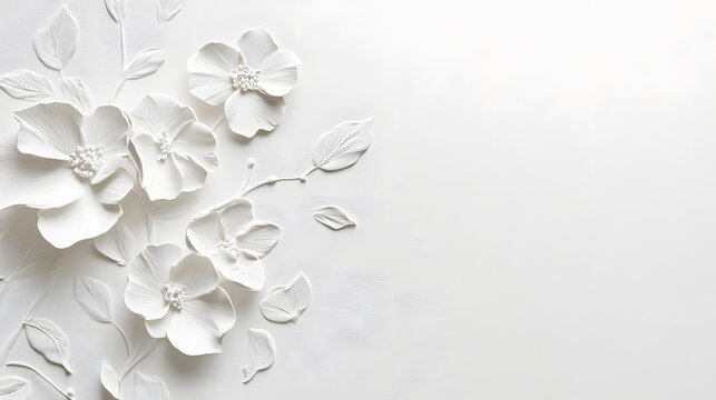 clean white background features faint floral embossing with delicate white flowers and leaves, creating elegant and serene atmosphere