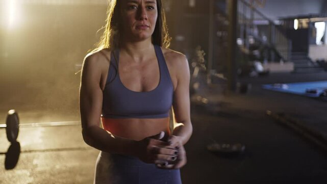 Young beautiful fit woman clapping with talc powder and doing pull up exercise in the gym. Slow-motion shot