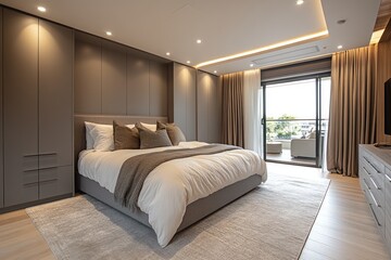 Fototapeta premium Modern bedroom with king-size bed, built-in closets, and balcony access.