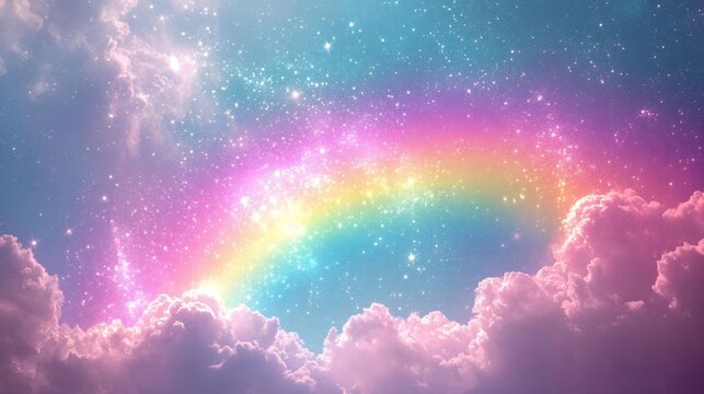 Rainbow with fluffy clouds and magic stars on pastel sky background. Cute concept for children birthday, nursery, baby shower, kindergarten, school. Symbol of LGBT community. International Pride Day
