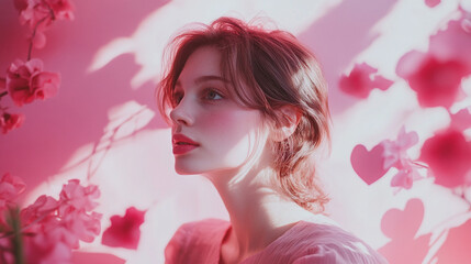 Fototapeta premium Beautiful portrait of a woman surrounded by pink flowers and heart decorations for Valentine's Day