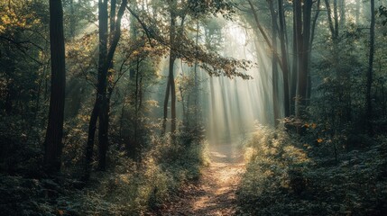 Sunbeams illuminate a misty forest path.