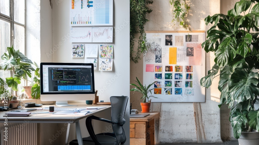 Fototapete A chic workspace with a computer and plants on one side and colorful artwork on the wall inspires creativity. Generative AI