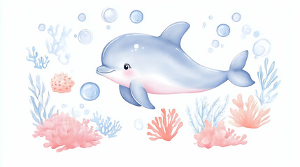 Fototapeta premium Playful Dolphin Watercolor Illustration: A charming watercolor illustration featuring a cute dolphin swimming amidst coral reefs and bubbles, perfect for kids' decor, marine-themed projects.