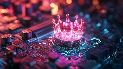 Glowing crown integrated on circuit board with futuristic light, symbolizing authority, leadership in technology