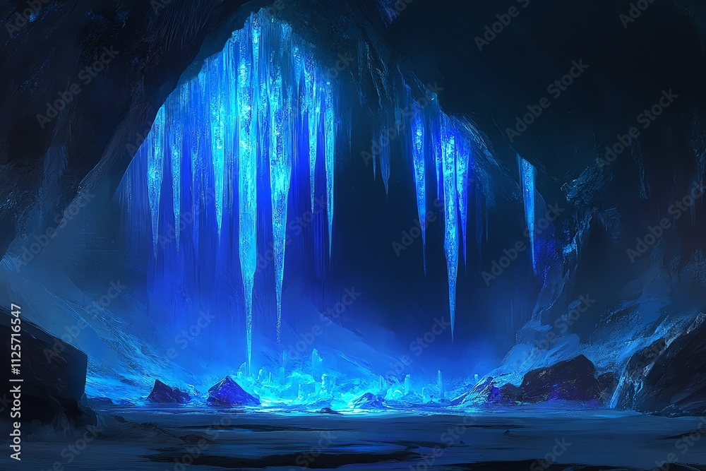 Poster a mystical cave illuminated by blue icicles and glowing crystals, creating an enchanting atmosphere.