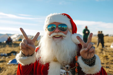 funny cheerful Santa isolated on blue background, Joyful christmas concept.