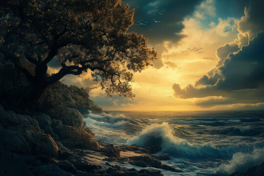 Dramatic sunset over rocky coastline with waves and silhouette of tree - Powered by Adobe