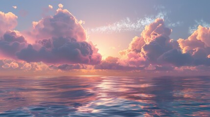 Vibrant clouds suspended above a serene sea during sunrise, with the soft morning light illuminating the scene and gentle waves below
