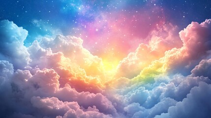 Rainbow with fluffy clouds and magic stars on pastel sky background. Cute concept for children birthday, nursery, baby shower, kindergarten, school. Symbol of LGBT community. International Pride Day