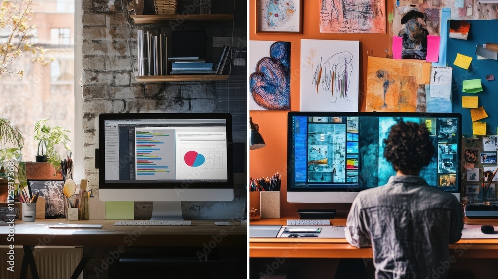Poster one side features a clean workspace with data visualization, while the other displays colorful art a