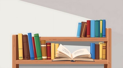 Colorful cartoon bookshelf with various books on it, isolated on transparent background for education, reading, learning and study concept
