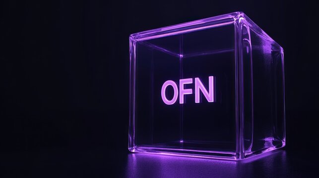 Purple neon OFN in glass cube.