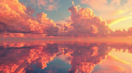Vibrant orange and pink clouds suspended above a tranquil sea during sunrise, their colors creating a stunning reflection on the water