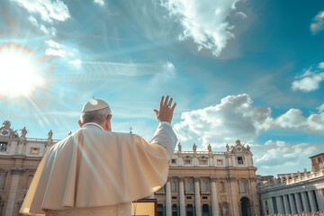 Religious leader blesses crowd at iconic Vatican City landmark.