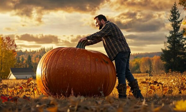 Farmer Proudly Stands Beside a Giant Pumpkin at Sunset