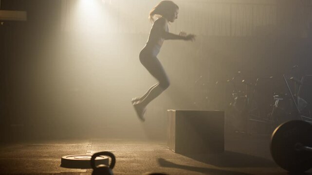 Young female athlete doing box jumps during single training in smoky loft style gym studio. Slow-motion shot