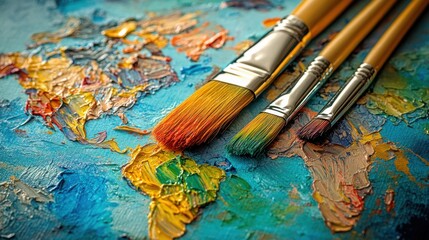 Obraz premium A vibrant world map painted with thick brush strokes, showcasing artistic colors alongside paintbrushes, symbolizing creativity and exploration.