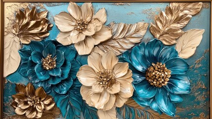Fototapeta premium Teal and gold 3D floral wall art.